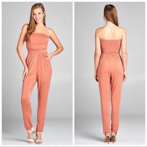 Dusty Apricot Strapless Jumpsuit